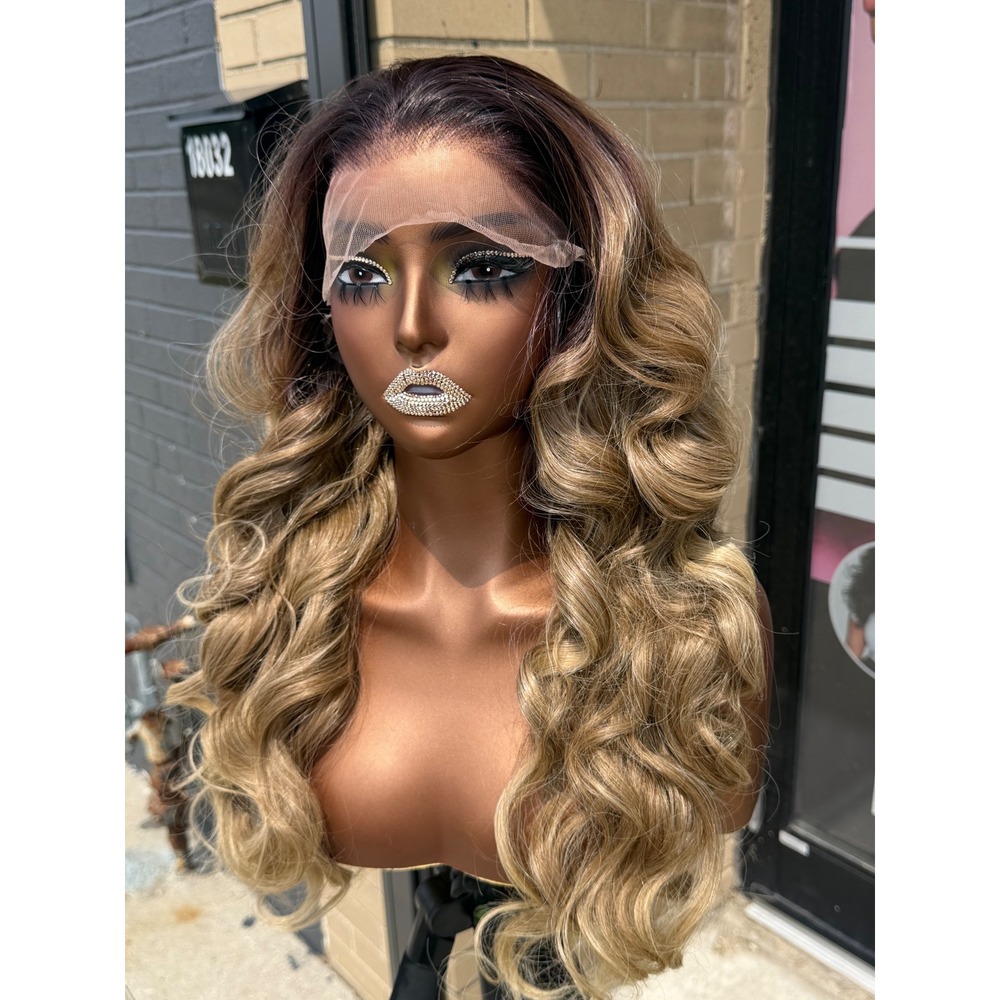 24" Blonde Ombre Curly Human Blend Synthetic Hair 13*6 Transparent LaceFront Wig - Picture 2 of 6